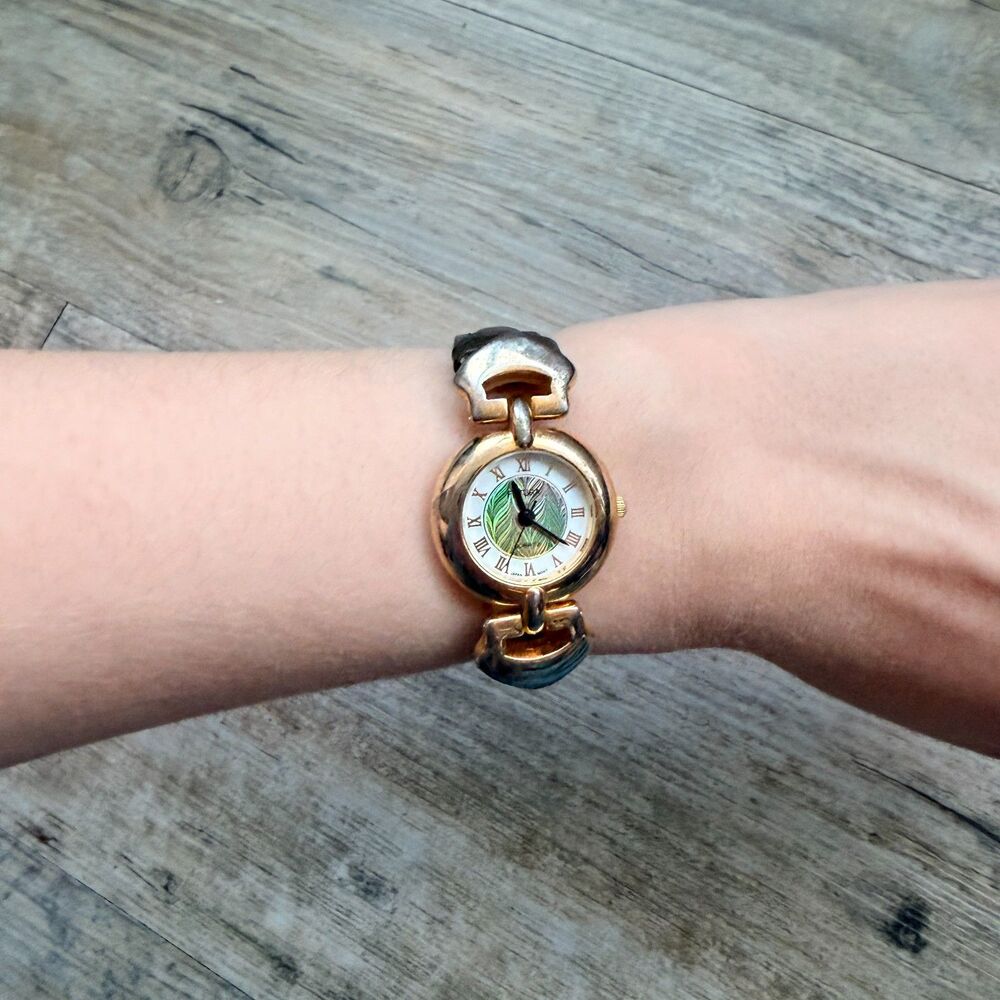 Futura Vintage Gold Tone Watch Leather Strap Roman Numeral Abstract Face